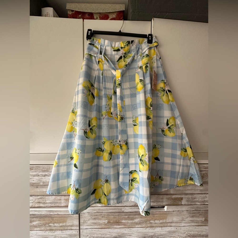 🍋 NWT Her Destiny Lemon Print Midi Skirt L Blue Gingham A-Line Pockets Summer